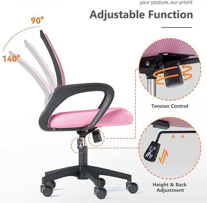 Home Office Chairs, Ergonomic Mid-Back Mesh Desk Chairs with Lumbar Support, Adjustable Swivel Rolling Design, Comfy Armrest for Work, Study, Gaming, Vanity, Pink, 2 Pack