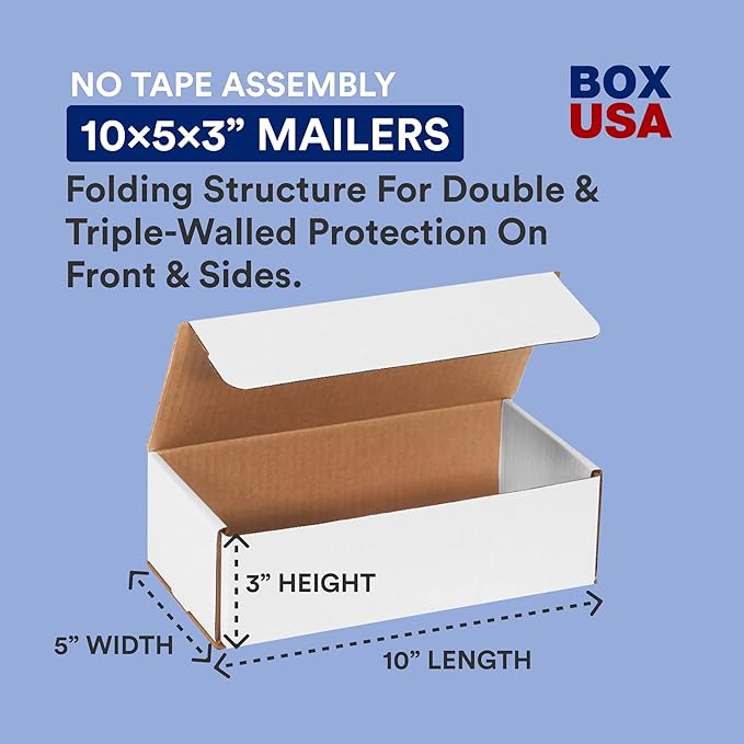 BOX USA Small Shipping Boxes 10"L x 5"W x 3"H, 50-Pack | Foldable Corrugated Cardboard Crush-Proof Box for Shipping, Packing, Moving and Storage 10x5x3