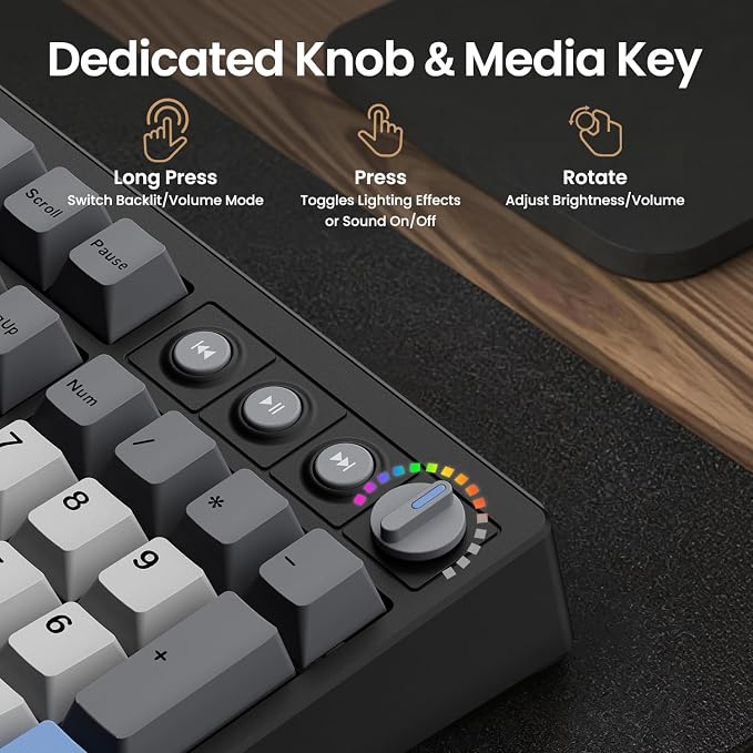 Kisnt KN104 Wireless Mechanical Keyboard for Office& Gaming | 100% Full Size with numpad, Bluetooth/2.4GHz/USB-C, Custom RGB, Hot-Swappable, Knob Control, Creamy Sound with Linear Switch