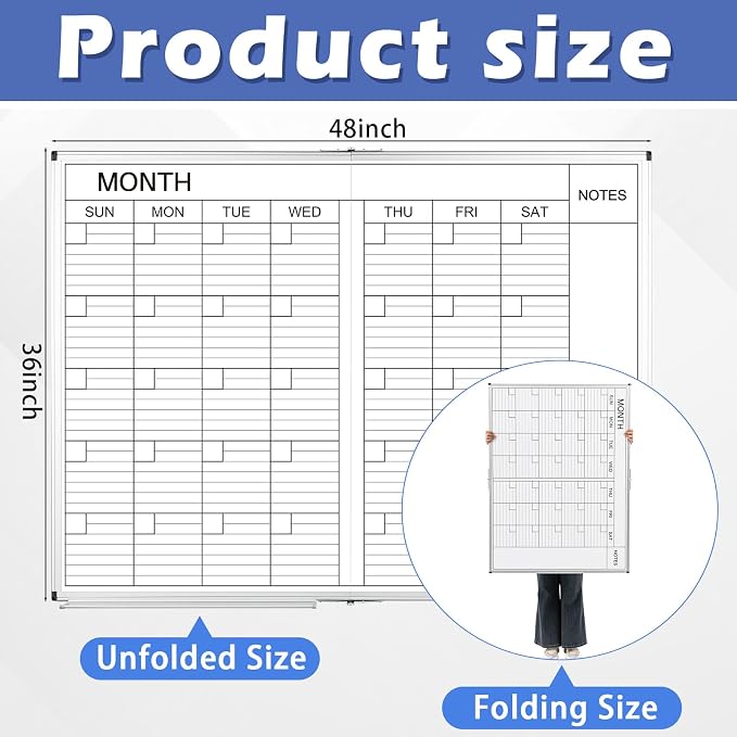 Large 48" x 36" Magnetic 1 Month Dry Erase Calendar White Board Foldable Whiteboard Calendar for Wall Mounted 2 in 1 Double Side Whiteboard with Dry Erase Board for Wall Office Home