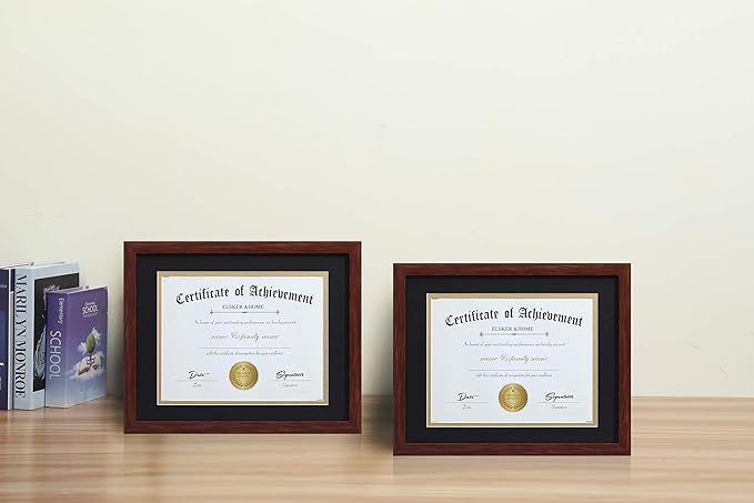 ELSKER&HOME 8.5x11 Certificate Frame - Classic Coffee Color Frame - Displays Diploma 8.5x11 Inch with Mat - 11x14 Inch Without Mat - For Document/Photo (2 Pack, Matte Black with Gold Rim)