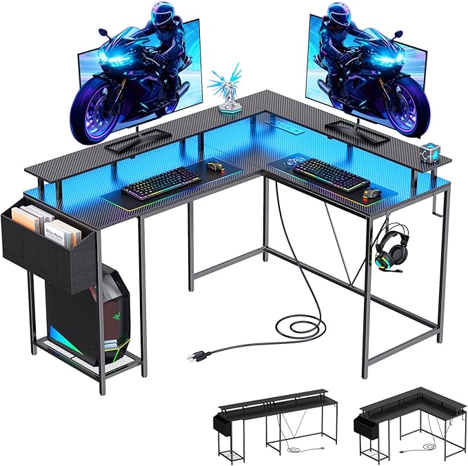 L Shaped Gaming Desk with Power Outlets & LED Lights, 53 inch Corner Computer Desk with Monitor Stand and Storage Bag, Home Office Desk Table for Bedroom, Dual Workstation, Carbon Fiber Black