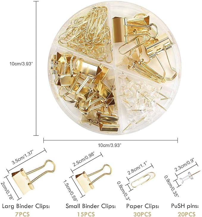 Paper Clips Binder Push Pin Set, Assorted Sized Binder Clips | Cute Office Supplies, Aesthetic Desk Accessories Teachers Desk Must Have, Paper Clips and Binder Clips Set, Gold, 3 Pack