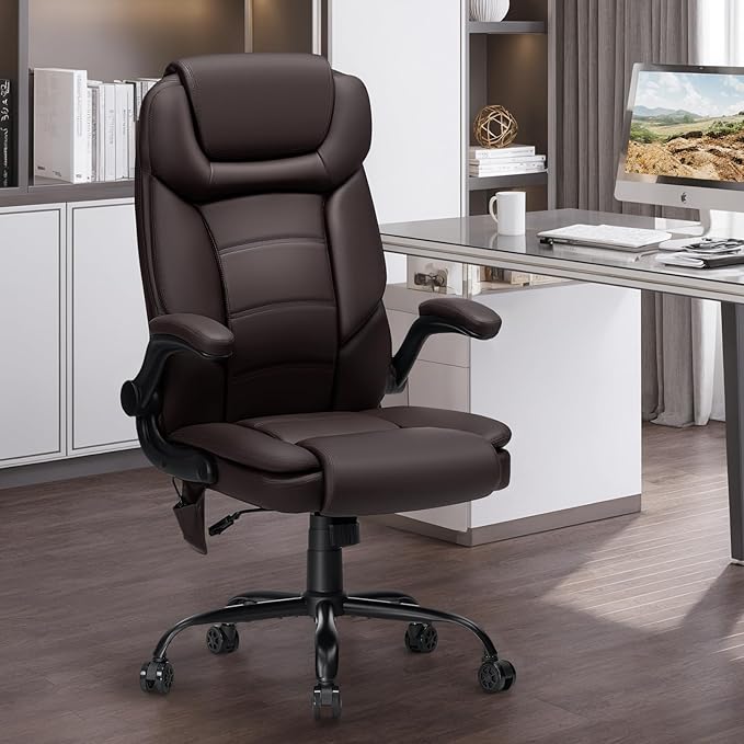 450lbs Executive Office Chair with Inflatable Lumbar Support, Heavy Duty Office Chair for Heavy People, Big and Tall Ergonomic Comfy Chair with Flip-Up Armrests, Breathable PU Leather (Brown)