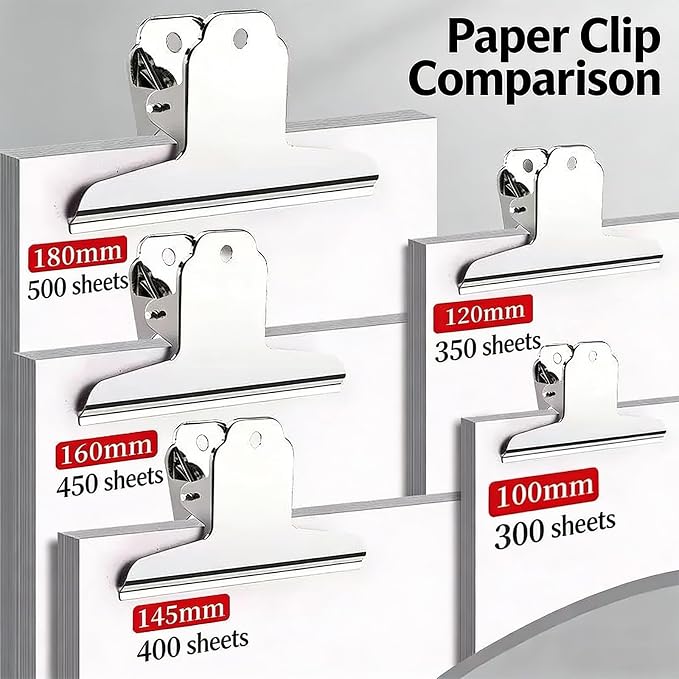 Extra Large Bull Paper Clips, 6.3 Inch - 12 Pack, Silver, 160 mm, Stainless Steel Mountain Binder Clips - Heavy Duty Square Metal File Clamps for Home Office School Supplies