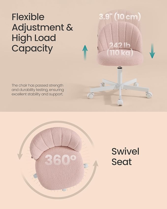SONGMICS Office Chair, Swivel Makeup Vanity Desk Chair, Height Adjustable, Foam Padded, for Home Office, Bedroom, Dressing Room, Teddy Fleece, Fruit Pink UOBG027SA01