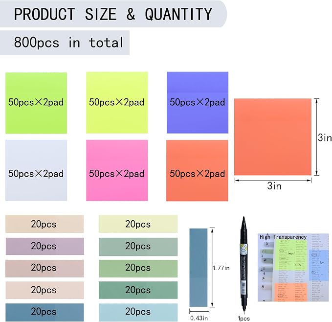 YOUDEFUL 800Pcs Transparent Sticky Note, 3"x3" Clear Sticky Note,Colorful | Waterproof Translucent Sticky Note for Books Annotation, Back to School Sticky Notes for Bible Study, School, Office