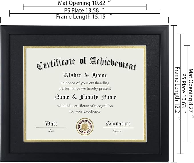 ELSKER&HOME 8.5x11 Certificate Frame - Classic Black Color Frame - Displays Diploma 8.5x11 Inch with Mat - 11x14 Inch Without Mat - For Document/Photo(Double Mat - Matte Black with Gold Rim)