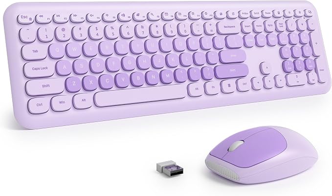 Surmen Cute Purple Keyboard and Mouse Wireless Silent, Full-Size Retro Typewriter Wireless Quiet Keyboard Mice Set Low-Noise 2.4GHz for Computer, Desktop, Laptop(6-Diary Purple)