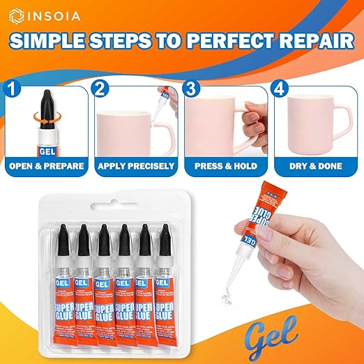 Super Glue Gel Clear Non-Drip, 6 X 3g All Purpose Strong Adhesive Ca Glue Quick Dry Instant Glue for Plastic, Metal, Ceramic, Shoe, Wood, Leather, Model, Aquarium, Rhinestone, Jewelry and DIY Crafts