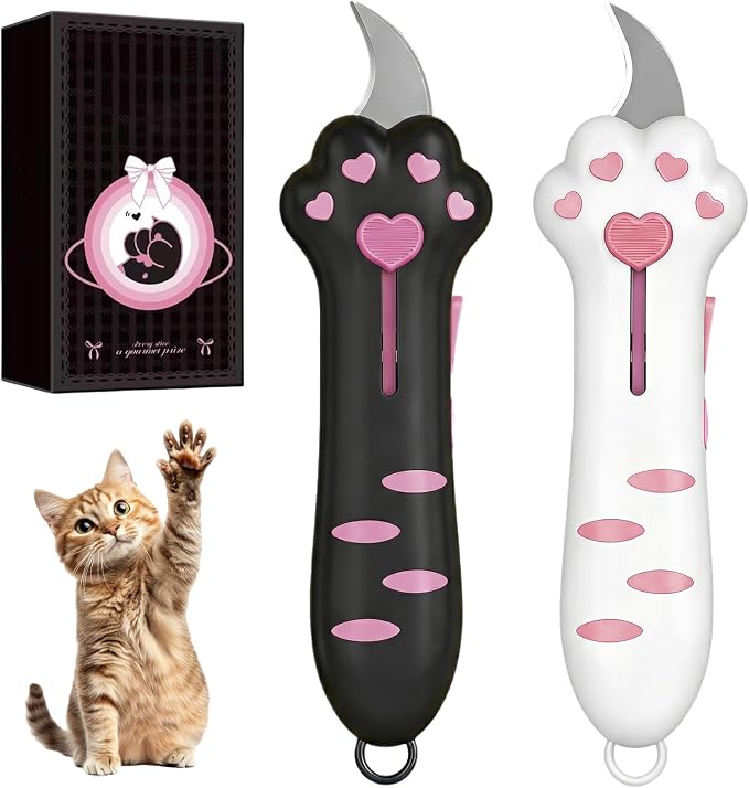 2 PCS Cat Paw Retractable Box Cutter — Cute Kawaii Utility Knife | Portable Cat Claw Knife with Handle,Multifunctional Mini Utility Knife for Boxes Envelopes,Packages,Lock+One-Click Retract