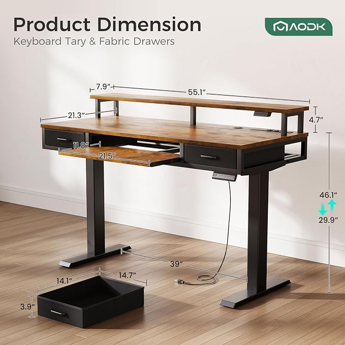 AODK 55 Inch Standing Desk with Drawers & Keyboard Tray, Rustic Brown | Power Outlet, LED Lights, Monitor Stand, Cable Management Tray, 3 Memory Heights, 29.9"-46.1" in Range