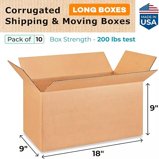 Long Moving & Shipping Boxes 18x9x9 inches (10-Pack) - Extra Strength 200 lb vs Regular - Corrugated Strong Packing Boxes for Moving - Heavy Duty Box - Long Box for Shipping by IDL Packaging | Extra Strength 200 lb vs Regular - Corrugated Strong Packin...