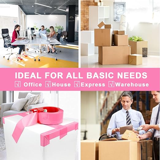 BOMEI PACK Pink Packing Tape with Dispenser, 2.4 Mil 1.88 Inch x 110 Yards, 6 Refills Rolls Pink Color Box Packaging Tape for Moving, Shipping, Mailing and Storage (Pack of 2)