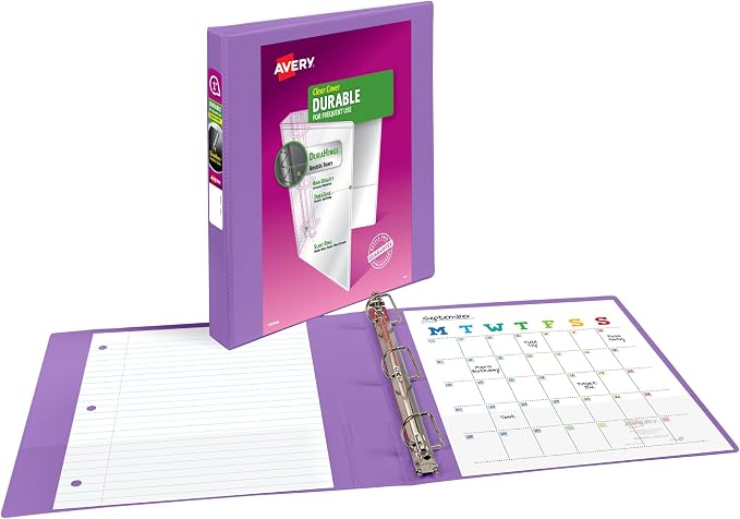 Avery Durable View 3 Ring Binder, 1" Slant Rings, 1 Lavender Binder | For Daily School, Home and Office Use, DuraHinge Tear-Resistant Spine, DuraEdge Split-Resistant Edges, Clear Overlays