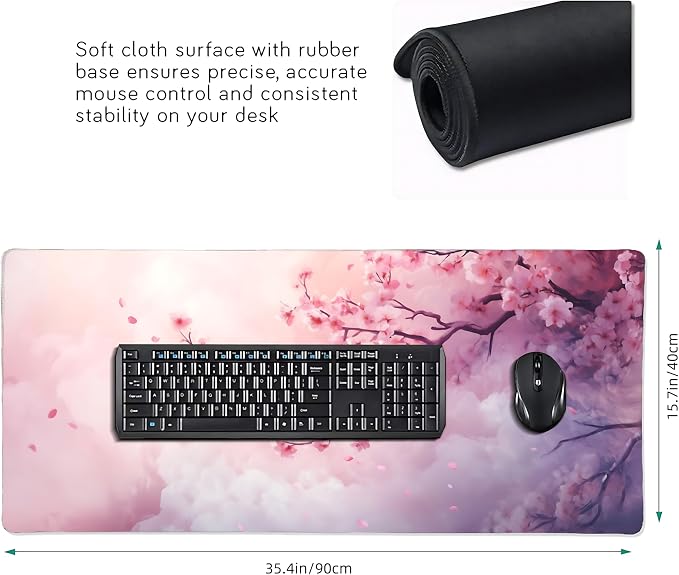 Cute Floral Aesthetic Cherry Gaming Mouse Pad, Pink Dreamy Desk Mat with Anti-Slip Base & Stitched Edges, Office & Home Desk Decor for Women, 35.4" x 15.7" in Computer Desktop Mat