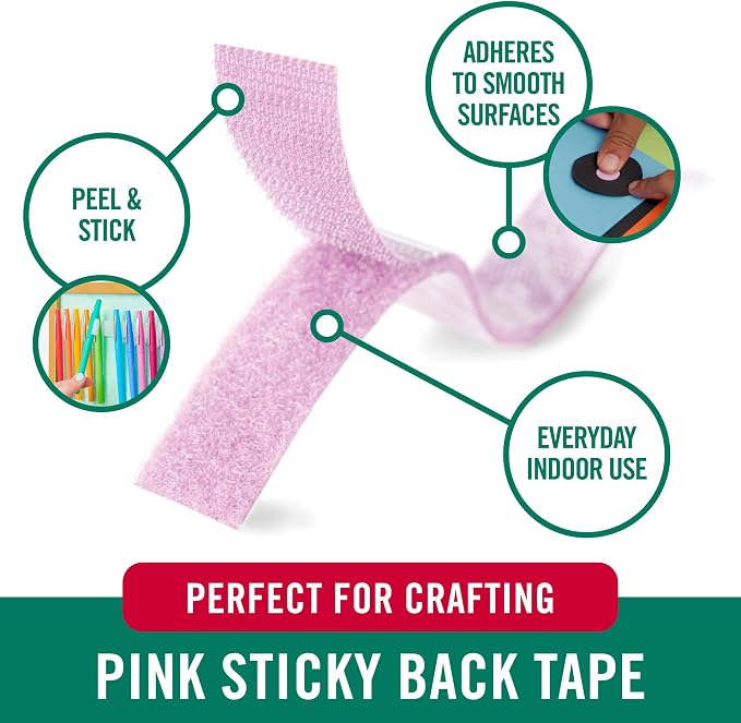 VELCRO Brand Colors | Pink Sticky Back Tape | 10ft Roll with Adhesive, Cut Strips to Length | Mount Classroom Décor, Create Seasonal Craft Projects | Organize Home or Office