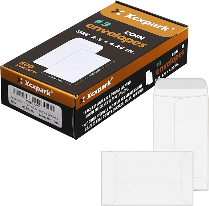 500 PCS #3 Coin Envelopes, 2-1/2'' x 4-1/4'' inches White Kraft Envelopes Classic Small Parts Envelopes with Self Adhesive Gummed Flap for Coins, Cash, Credit Cards, Seeds