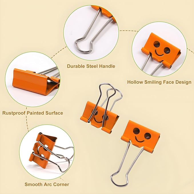 Coideal Smiling Face Binder Clips Medium, 48 Pcs 1 Inch Smiley Metal Paper Clips Clamps Assorted Color with Cute Fun Smile Hollow for Office (25mm)