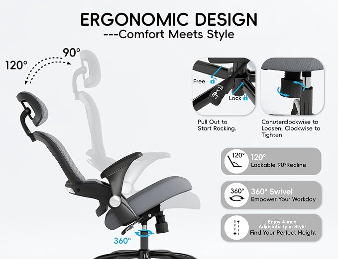 TRALT Office Chair - Ergonomic Desk Chair with Headrest Support for Adults | Home Office Desk Chair with Lumbar Support - Ergonomic Mesh Chairs 330 lb Wide Seat with Lumber Comfy Desk Chair(Black Grey)