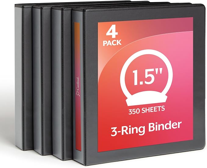 Cardinal Economy 3 Ring Binder, 1.5 Inch, Presentation View, Black, Holds 350 Sheets, Nonstick, PVC Free, 4 Pack of Binders (79519)