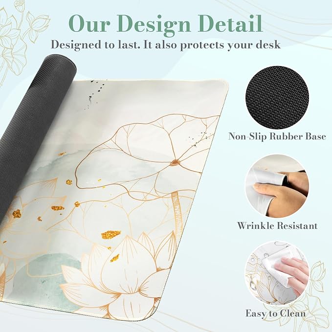 iCasso Desk Cover Mat, Extra Large Lotus Mouse Pad, Green Lotus Leaf | Desk Pad Mat, Office Matt for Desktop Protector, Anti-Slip XXL Big Mousepad with Stitched Edges for Laptop Computer Keyboard