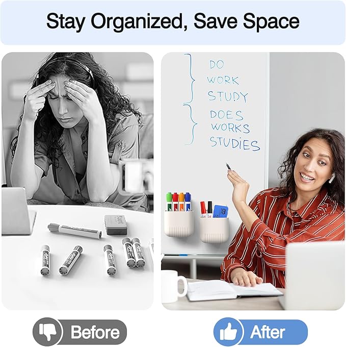 MoKo Magnetic Pen Holder, 2-Pack Whiteboard Organizer, White | Magnetic dry erase marker holder has a full magnetic back and sturdy ABS body; each measures 6.3 x 3.7 x 3.7 inches.