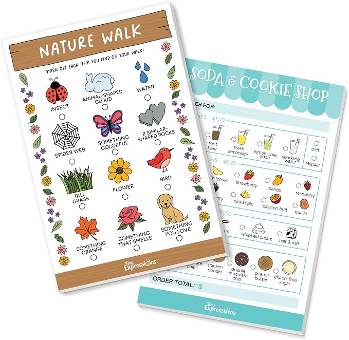 Kids Pretend Play Notepads – Order Taking & Scavenger Hunt | 40 Pages Order-Taking Soda & Cookie Shop Notepad & 40 Pages Nature Walk Scavenger Hunt for Imaginative Role Play