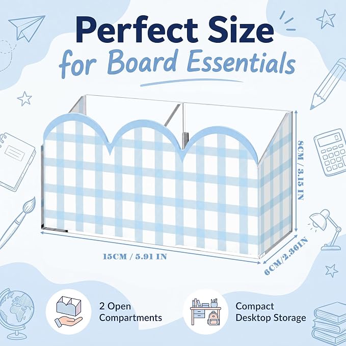 SiliFine Scalloped Magnetic Dry Erase Marker Holder Blue Gingham Acrylic Pen Holder Magnet Classroom Desk Organizer Pencil Cup for Back to School Whiteboard Office Desk Locker Refrigerator Accessories