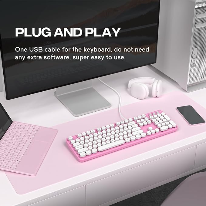 Computer Keyboard Wired, Plug and Play USB Retro Round Typewriter Keyboard, Full Size Wired Keyboard with Foldable Stands for Laptop and Office PC