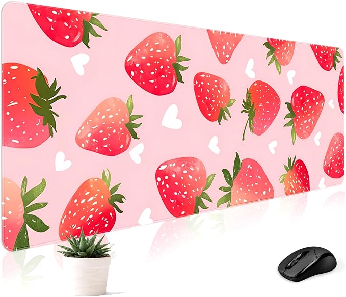 Mousepad Desk Mat Gaming Large Keyboard Cute Office Desktop Computer Laptop Strawberry XXL Long Giant Big Kawaii Aesthetic Girly Pretty Design Women Girl Gamer Oversized Wide 30x12'' Mousepad