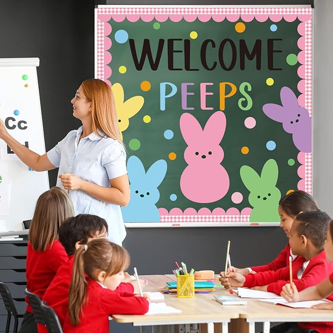 Easter Peeps Bulletin Board Classroom Decorations Set Bunny Cutouts Colorful Easter Bulletin Board Border for Classroom School Chalkboard Nursery Home Door Wall Decor Spring Easter Party Decor