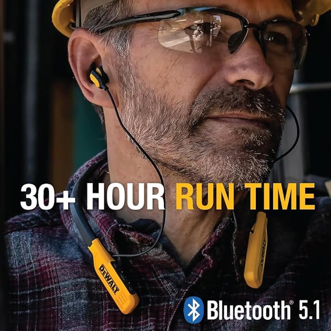 DEWALT Heavy Duty Bluetooth Neckband Headphones, Wireless Around The Neck Earbuds w/ 30H Runtime + Noise Isolation, Secure Magnetic Wireless Earbuds, Jobsite Pro Built-in Mic Bluetooth Headsets