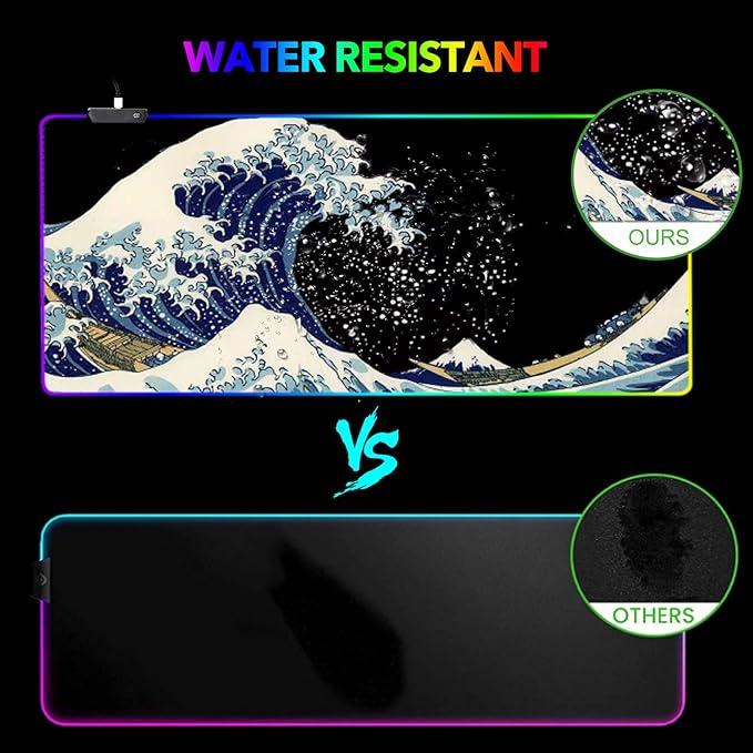 RGB Gaming Mouse Pad Large, AIMSA Keyboard Led Mousepad Extended 35.4 x 15.8 inch Non-Slip Rubber Base with 14 Lighting Modes, Big Desk Mat Waterproof, Big Waves
