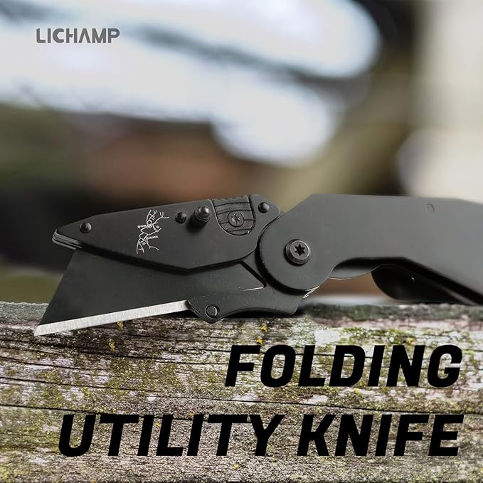 Lichamp 6-Pack Folding Utility Knife, Quick-Change Box Cutter with Razor Blades & Belt Clip, Portable Construction Tool for DIY, Outdoor & Warehouse Use, Black