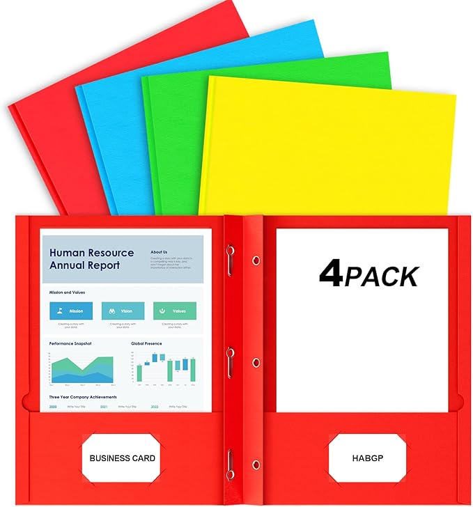 4 Pack Folders with Pockets and Prongs, 2 Pocket Folders with 3 Fasteners | Heavy Duty Paper Pocket Folders, for 8.5" x 11" Paper, for School Office Home, 4 Assorted Colors