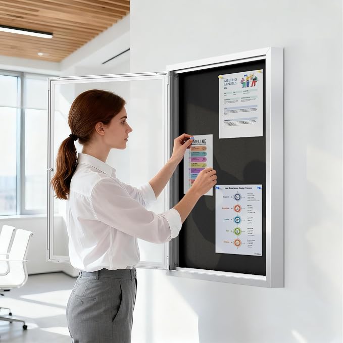 SWANCROWN 36x24 in Outdoor Bulletin Board Wall Notice Board, Black Felt | Locking, Weatherproof, Shatter Resistant, Silver aluminum frame, Message Board for Office School Business Community