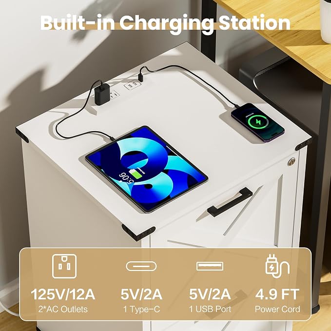 Onelike Small Wood File Cabinet with Charging Station and Lock, 2 Drawers | Built-in 2 AC, USB & Type-C; 1 lock secures 2 drawers; Nightstand, Printer stand and Mobile under-desk cabinet; White