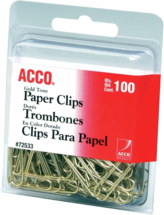 ACCO Brands Paper Clips, Regluar, # 2 Size, Smooth, Gold, 100 Clips/Box (72533)