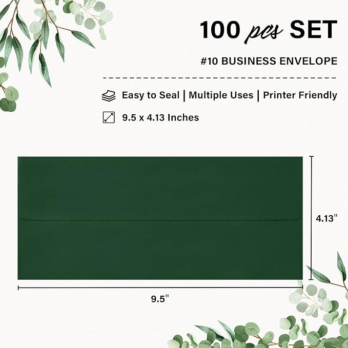 100 Pack #10 Dark Green Envelopes Letter Size Self Seal Business Envelopes | Security Mailing Envelopes, 4 1/8 x 9 1/2 Inches, Emerald Green
