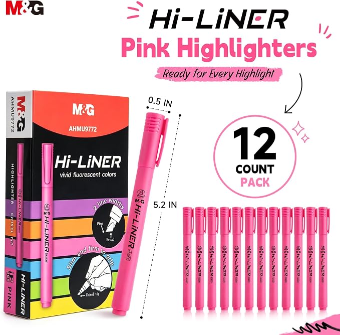 M&G Liner Highlighters, 12-Count Pack Pink Highlighters, Chisel Tip No Bleed Highlighter Pens for Office Documents, Planning, and Everyday Organization