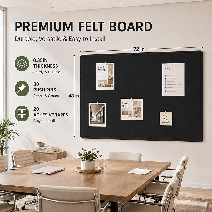 Black Large Felt Bulletin Board for Wall 72 x 48 Inch Frameless | Foldable 0.35-inch pin board with adhesive tape and push pins. cork alternative adhesive mounting frameless panel