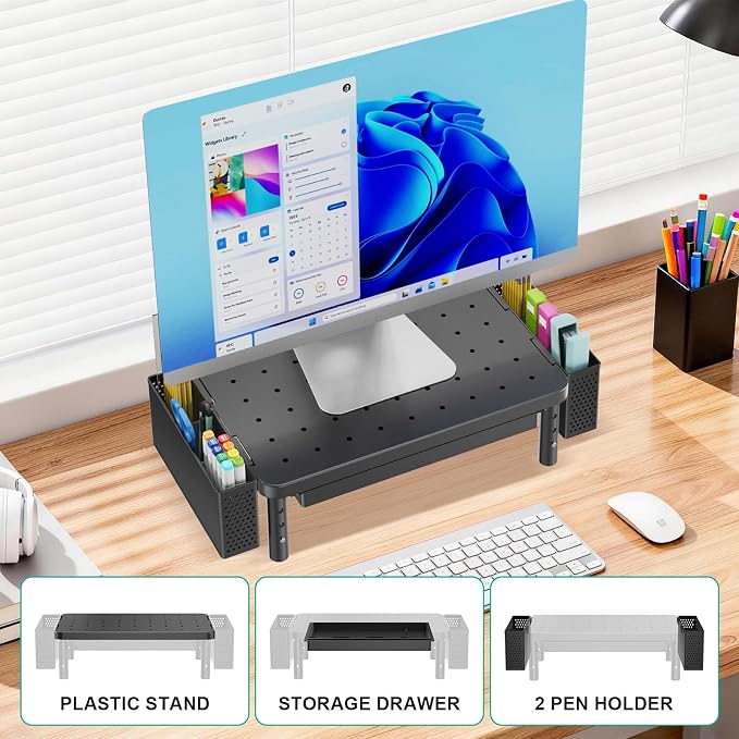 WALI Computer Monitor Stand with Storage and Pen Holder | 3 Height Adjustable Desk Organizer with Drawer, Laptop Monitor Riser for Computer, Laptop, Printer(PTT003-B), 1 Pack, Black