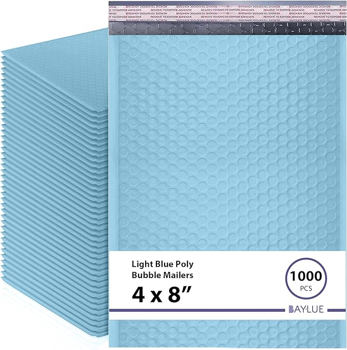 Light Blue Small Bubble Mailers 4x8 Inch #000 | Thick Padded Poly Bubble Mailer Envelopes | Trading card sports Card Bubble Envelopes | Mailing Envelopes | Water & Tear Resistant | 1000 Pack Bulk