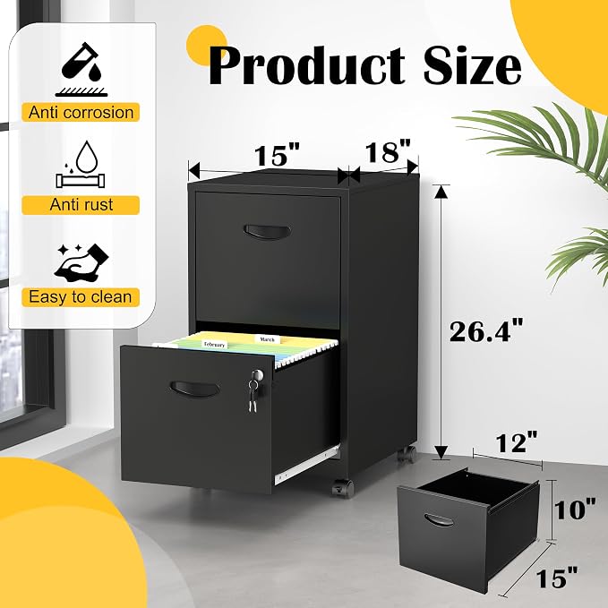 SteeLoong 2 Drawer File Cabinet,Metal Mobile File Cabinet with Lock Black | Filing Cabinet with Wheel,Vertical File Cabinet for Home Office,Under Desk Rolling File Cabinets for Hanging Letter/A4