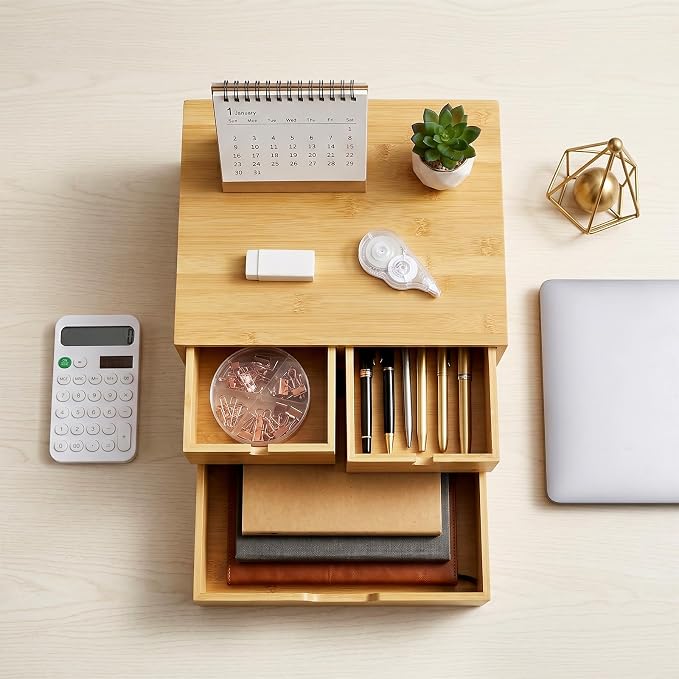 Bamboo Desk Organizer, 100% Natural Bamboo Desktop Drawer Organizer, Tabletop Storage Cabinet Organization Box with 3 Drawers for Home Office Supplies, Makeup, Letter, 2-Layer, Fully Assembled