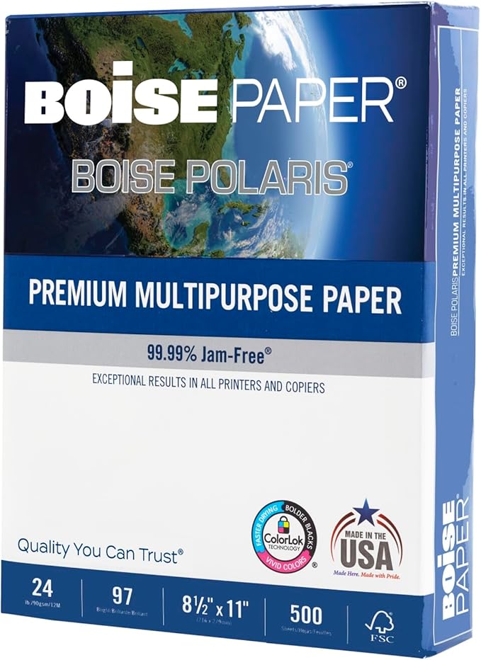 Boise Paper Premium Multipurpose Copy Paper | 8.5" x 11" Letter | 97 Bright White, 24 lb. | 10 Ream Carton (5,000 Sheets)