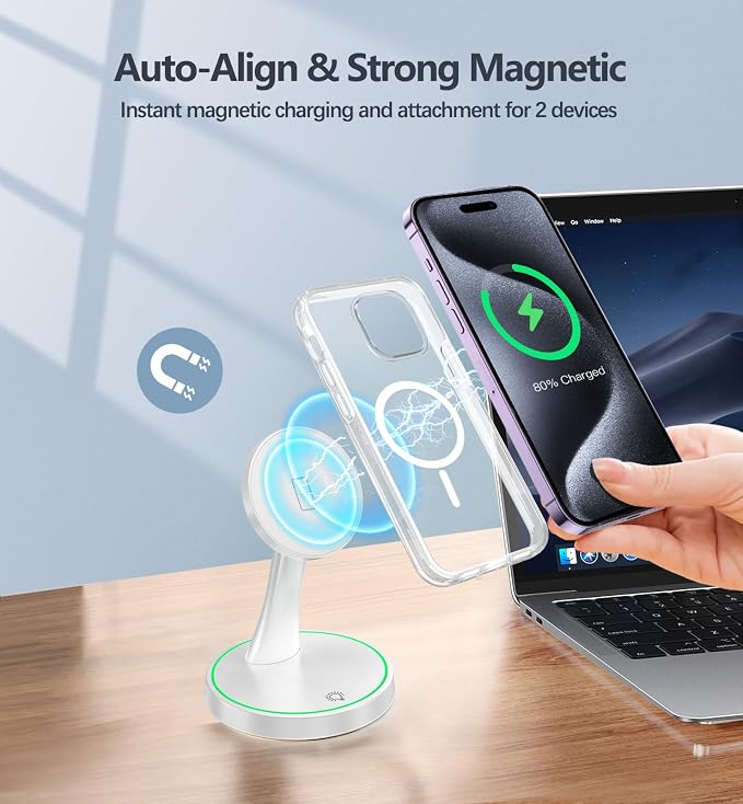 2 Pack Magnetic Wireless Charger Stand 15W Fast Mag-Safe Charger for iPhone iPhone 17 /17 pro/ 17 Air/ 17 pro max 16/15/14/13/12 Series Magnet Wireless Charging Station with Light for AirPods