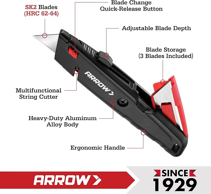 ARROW Retractable Box Cutter, Quick Change Utility Knife with Blade Storage Design, Heavy Duty Aluminum Razor Knife, Twine Cutter, 3 Extra SK2 Blades Included
