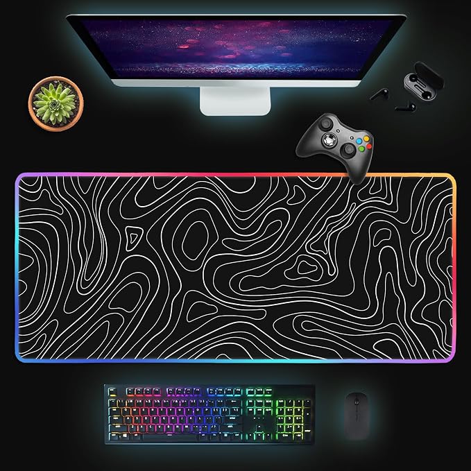 UJoowalk RGB Gaming Mouse Pad, Topographic Large, LED XL Keyboard and Mouse Pad, Desk Mat, 31.5 x 11.8 in, Black Minimalist Line Desk Pad